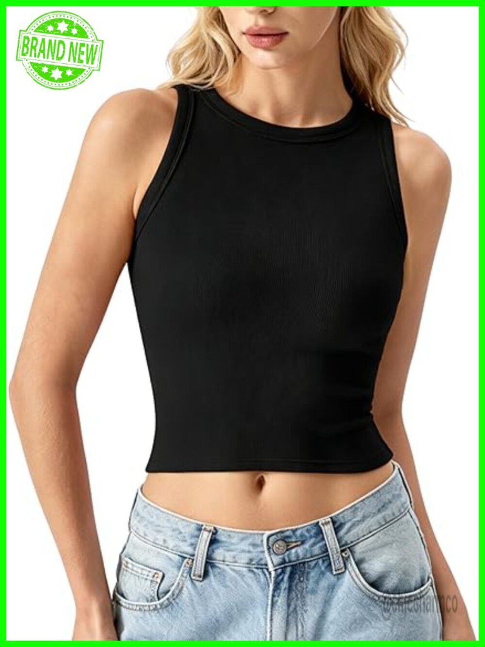 Cotton Ribbed Basic Tank Top Crew Neck Slim Fitted Sleeveless Crop Top